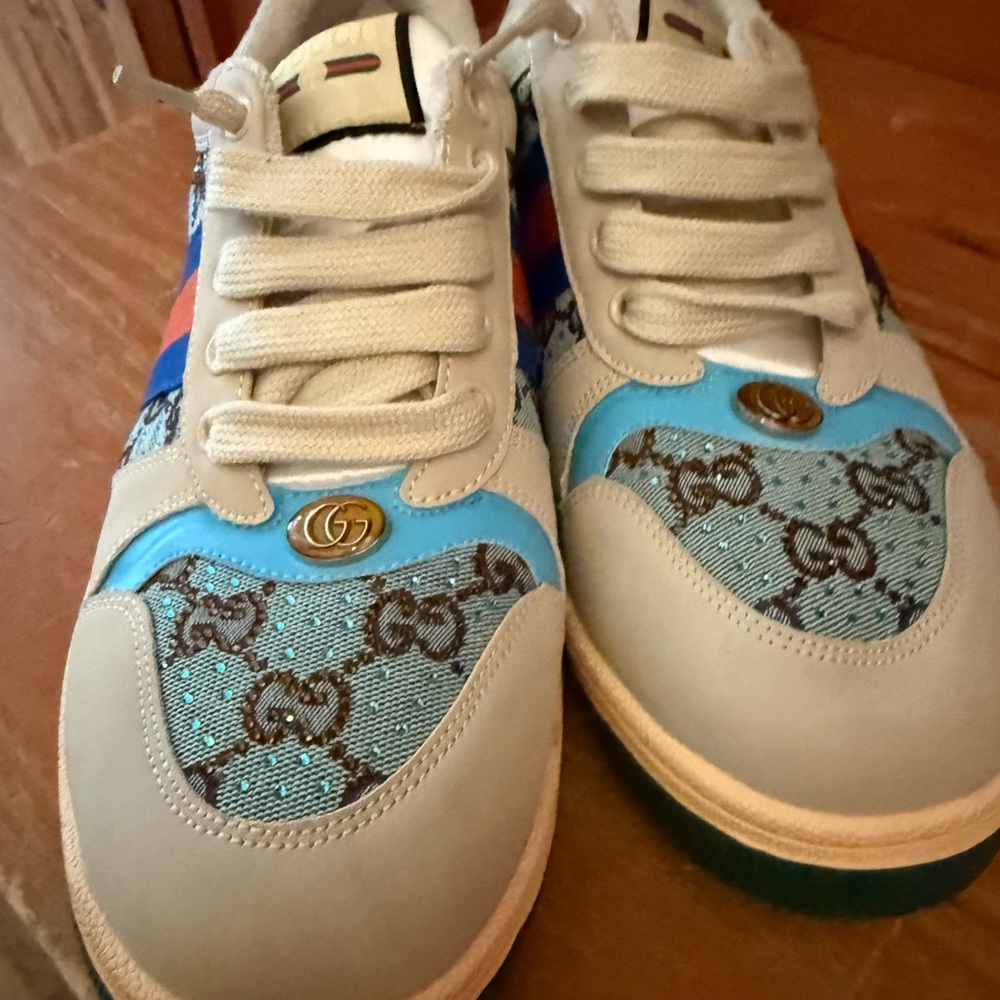 Gucci White and Light Blue GG Logo Sneakers